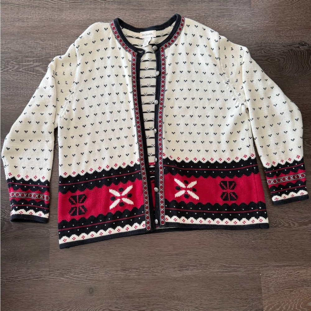 Bechamel Cream and Black Knit Sweater with Red Accents